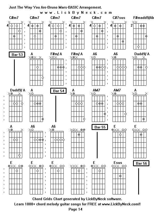 Chord Grids Chart of chord melody fingerstyle guitar song-Just The Way You Are-Bruno Mars-BASIC Arrangement,generated by LickByNeck software.